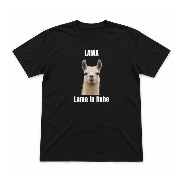 Lama in Ruhe – Unisex T-Shirt – Schwarz – Flat-Lay Vorderseite (Mockup)