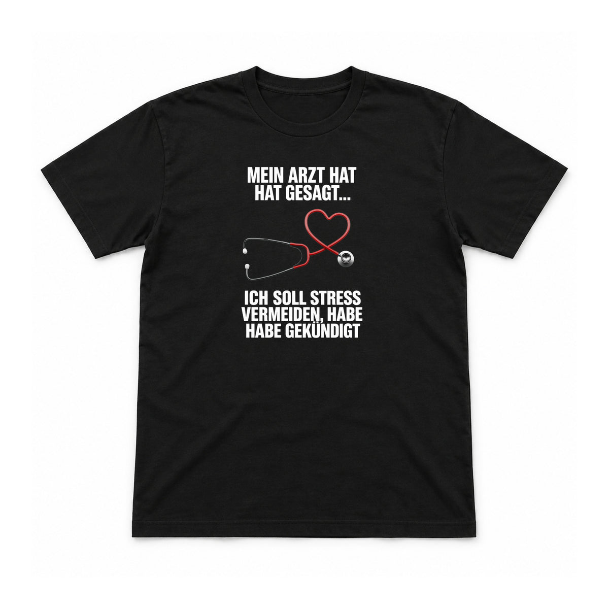 Stress vermeiden – Unisex T-Shirt – Schwarz – Flat-Lay Vorderseite (Mockup)