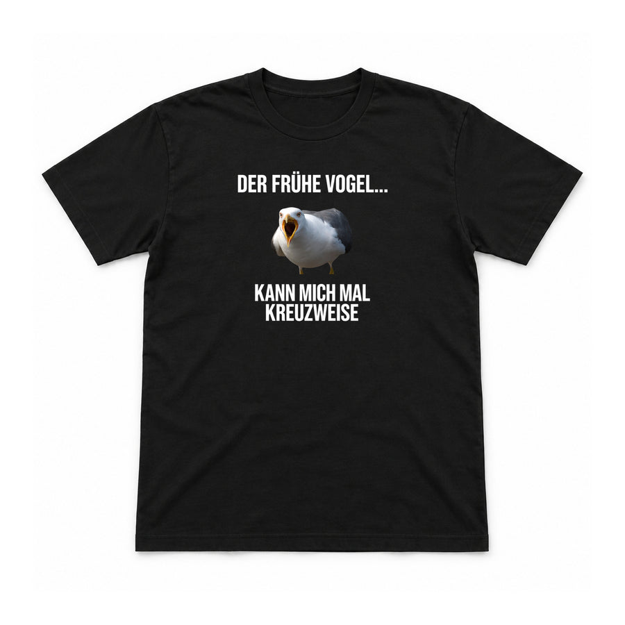 Der frühe Vogel kann mich mal – Unisex T-Shirt – Schwarz – Flat-Lay Vorderseite (Mockup)