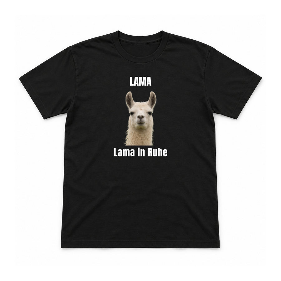 Lama in Ruhe – Unisex T-Shirt – Schwarz – Flat-Lay Vorderseite (Mockup)