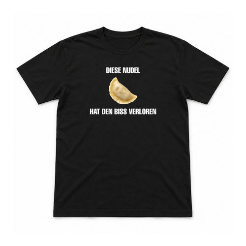Diese Nudel hat den Biss verloren – Unisex T-Shirt – Black – Flat-Lay Vorderseite (Mockup)
