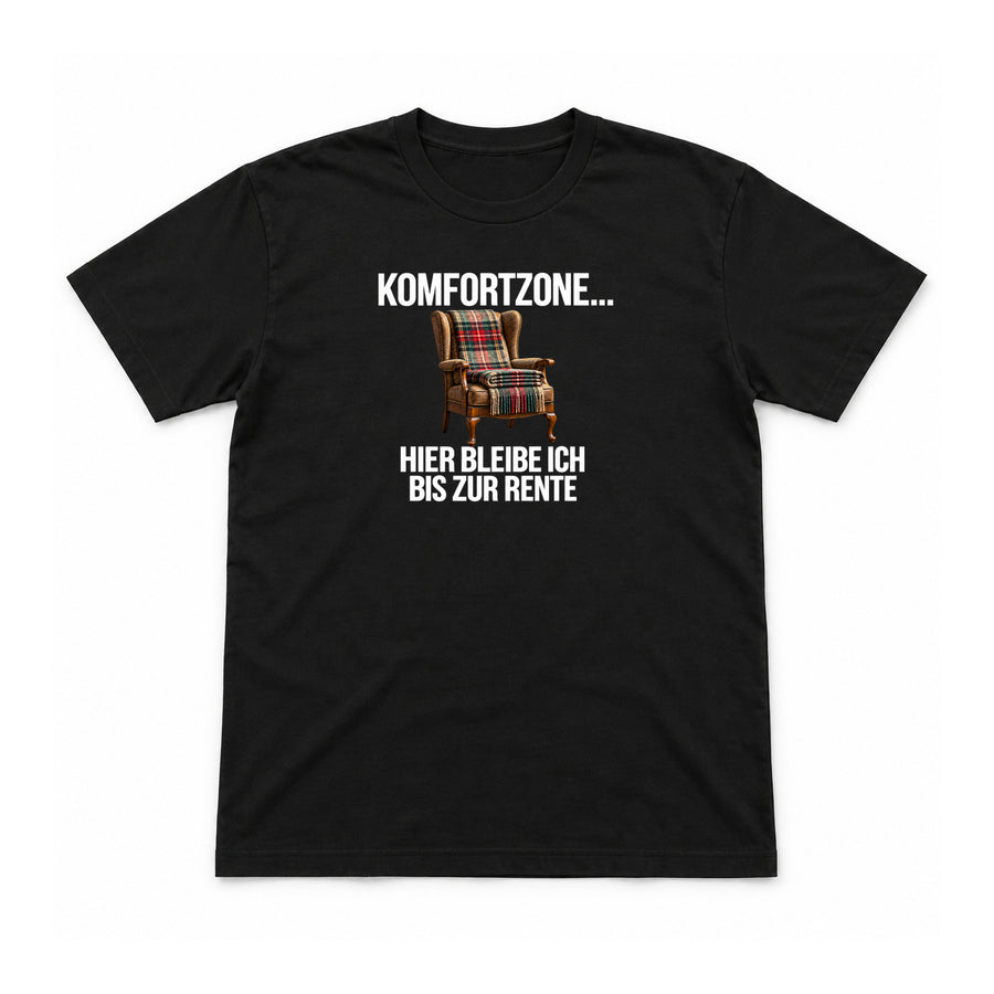 Komfortzone bis zur Rente – Unisex T-Shirt – Schwarz – Flat-Lay Vorderseite (Mockup)