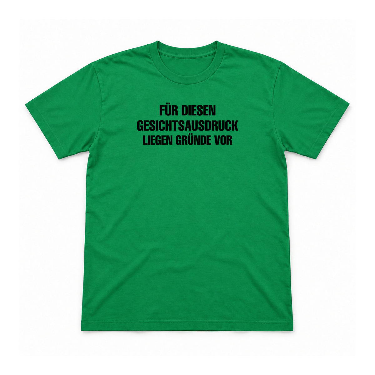 Für diesen Gesichtsausdruck liegen Gründe vor – Unisex T-Shirt – Irish Green – Flat-Lay Vorderseite (Mockup)