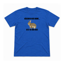 Häschen in der Grube – Unisex T-Shirt – Royalblau – Flat-Lay Vorderseite (Mockup)