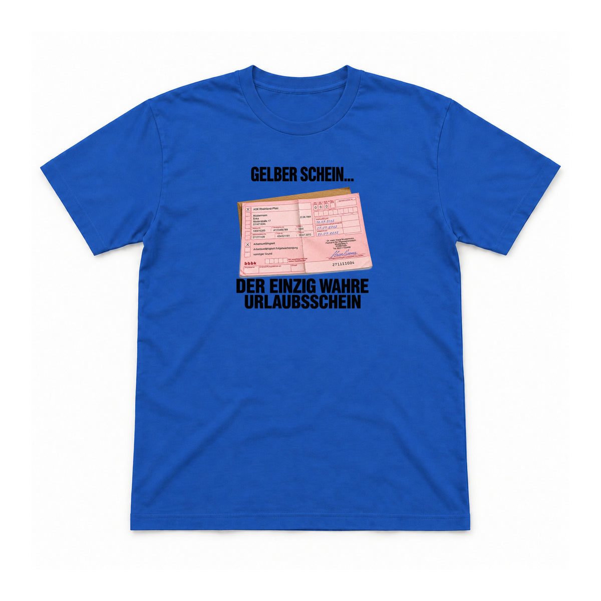 Gelber Schein – Unisex T-Shirt – Royalblau – Flat-Lay Vorderseite (Mockup)