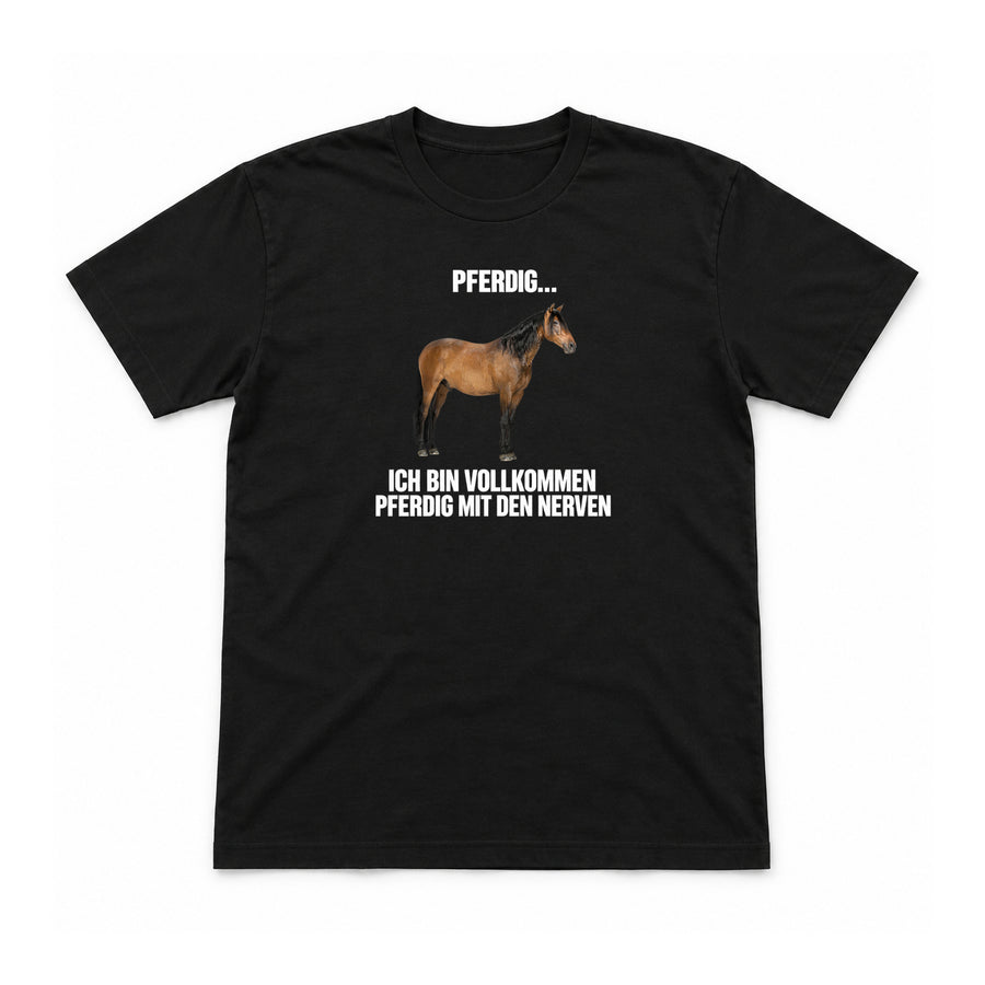 Pferdig mit den Nerven – Unisex T-Shirt – Schwarz – Flat-Lay Vorderseite (Mockup)