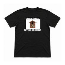 Kuckuck aus dem Burnout – Unisex T-Shirt – Black – Flat-Lay Vorderseite (Mockup)