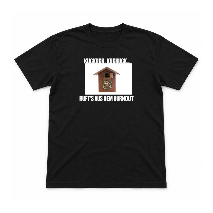 Kuckuck aus dem Burnout – Unisex T-Shirt – Black – Flat-Lay Vorderseite (Mockup)