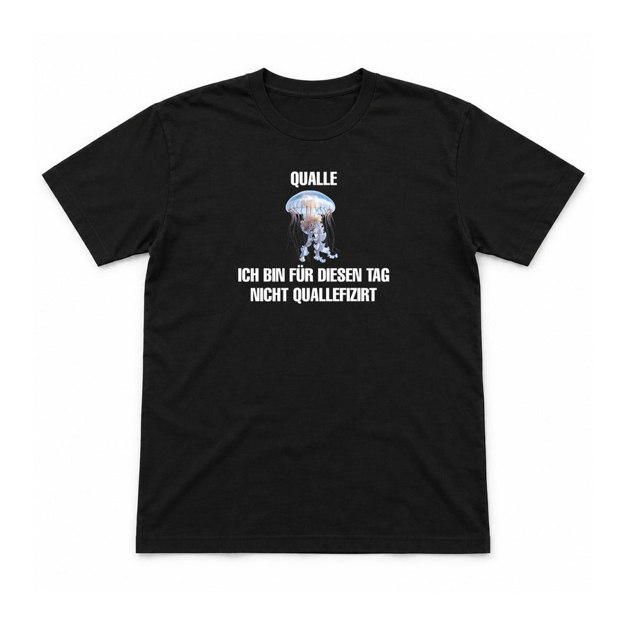 Nicht quallefiziert – Unisex T-Shirt – Schwarz – Flat-Lay Vorderseite (Mockup)