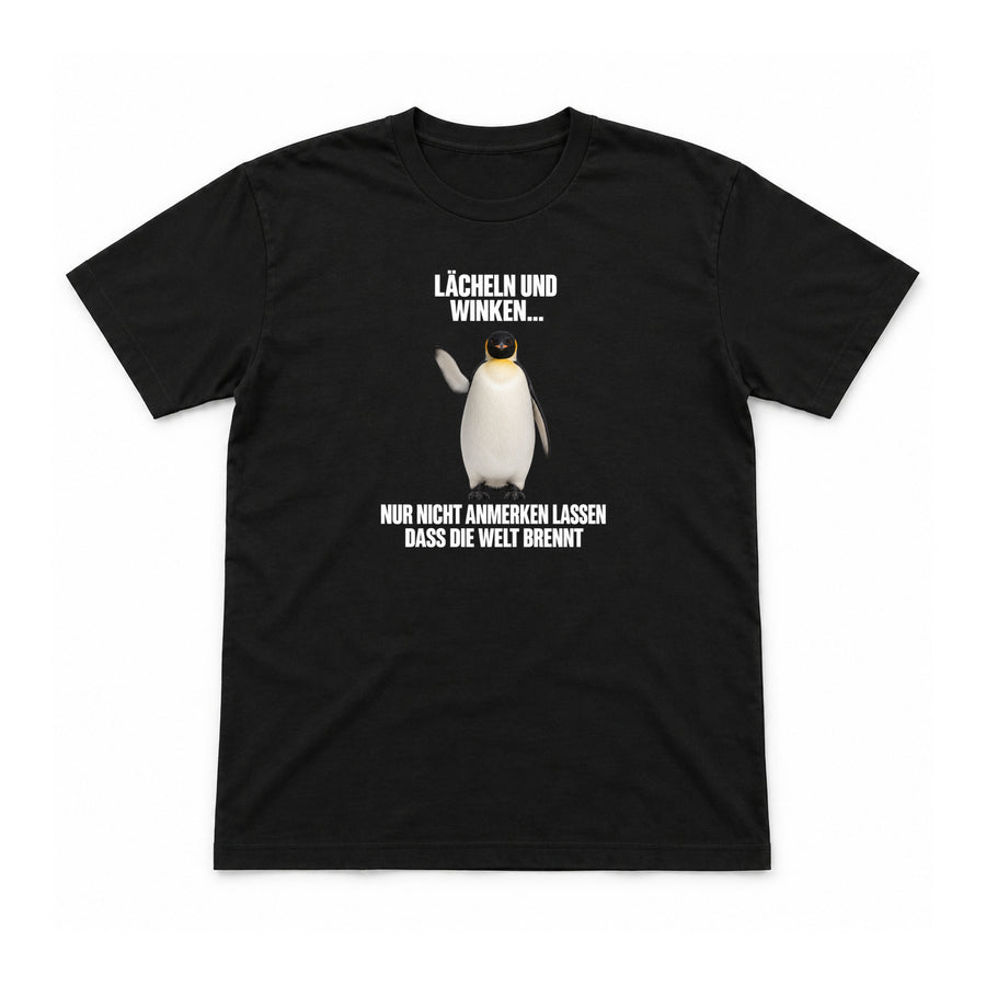 Lächeln und winken – Unisex T-Shirt – Schwarz – Flat-Lay Vorderseite (Mockup)