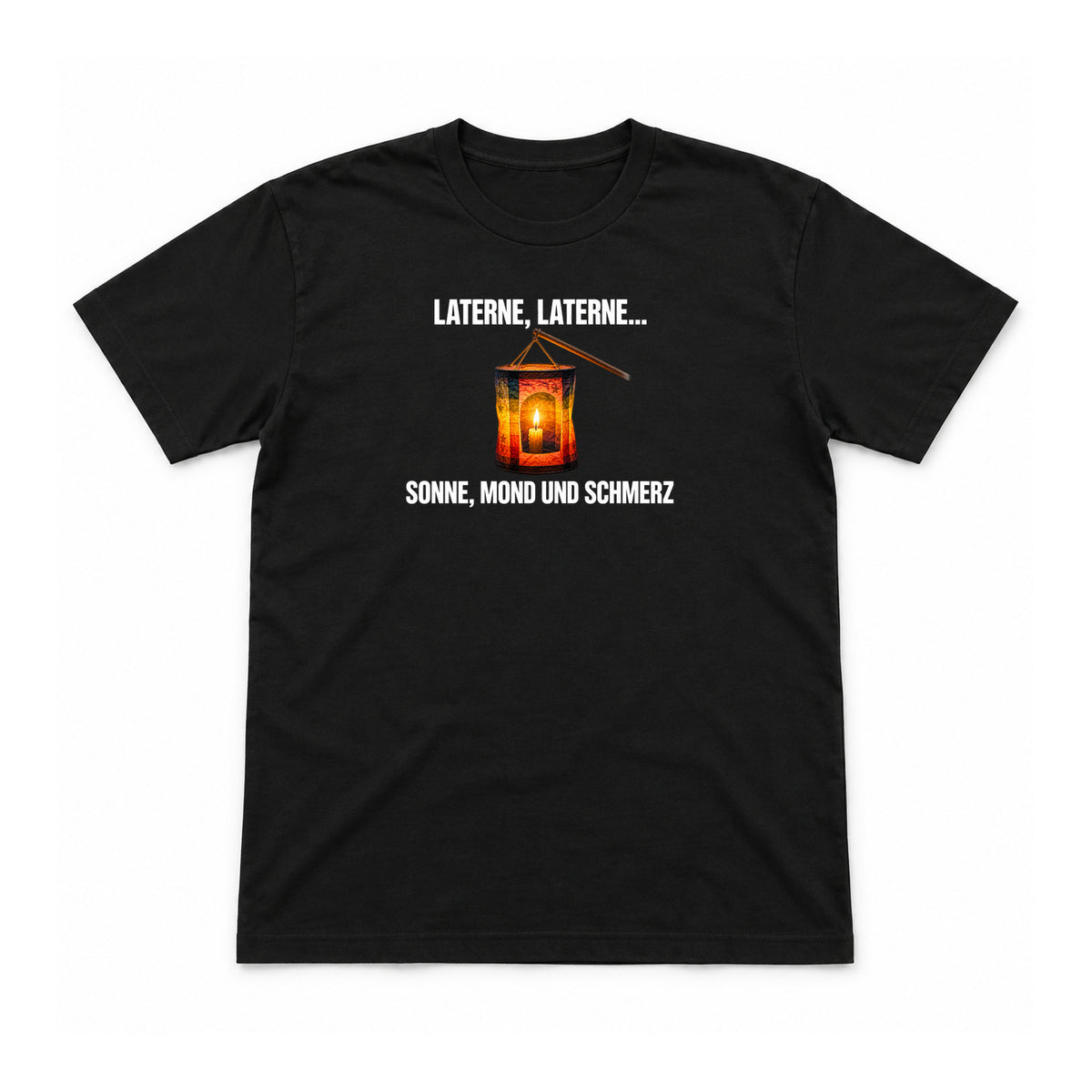 Laterne, Laterne – Sonne, Mond und Schmerz – Unisex T-Shirt – Schwarz – Flat-Lay Vorderseite (Mockup)