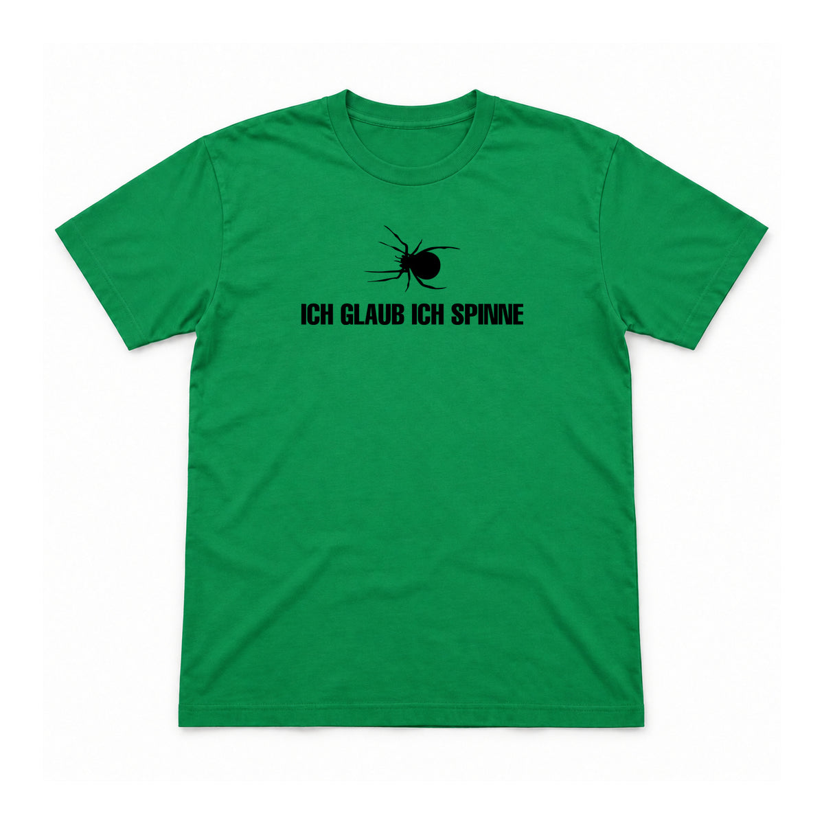 Ich glaub ich spinne – Unisex T-Shirt – Irish Green – Flat-Lay Vorderseite (Mockup)