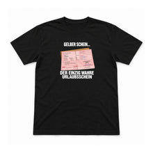 Gelber Schein – Unisex T-Shirt – Schwarz – Flat-Lay Vorderseite (Mockup)