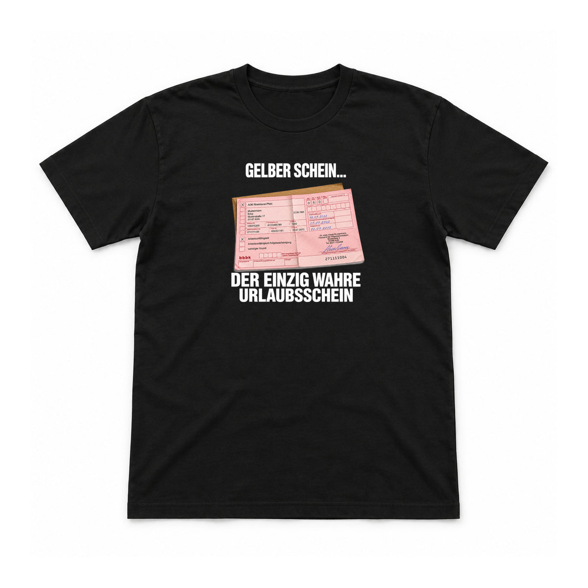Gelber Schein – Unisex T-Shirt – Schwarz – Flat-Lay Vorderseite (Mockup)