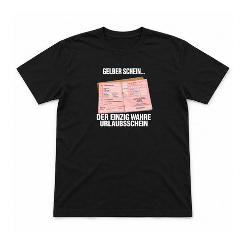 Gelber Schein – Unisex T-Shirt – Schwarz – Flat-Lay Vorderseite (Mockup)