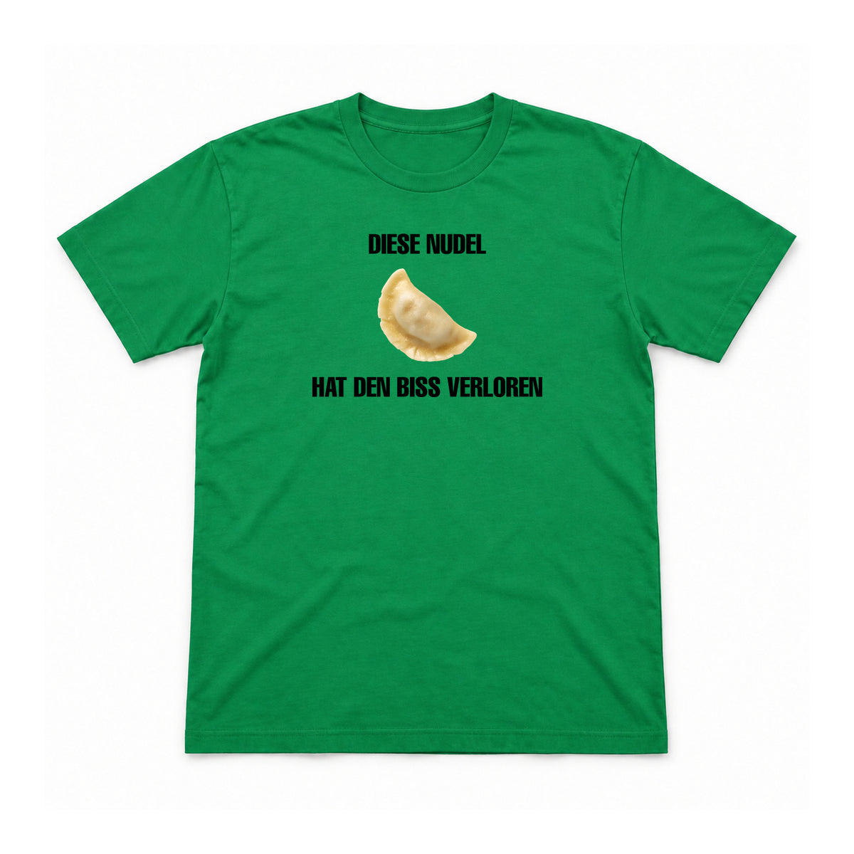 Diese Nudel hat den Biss verloren – Unisex T-Shirt – Irish Green – Flat-Lay Vorderseite (Mockup)