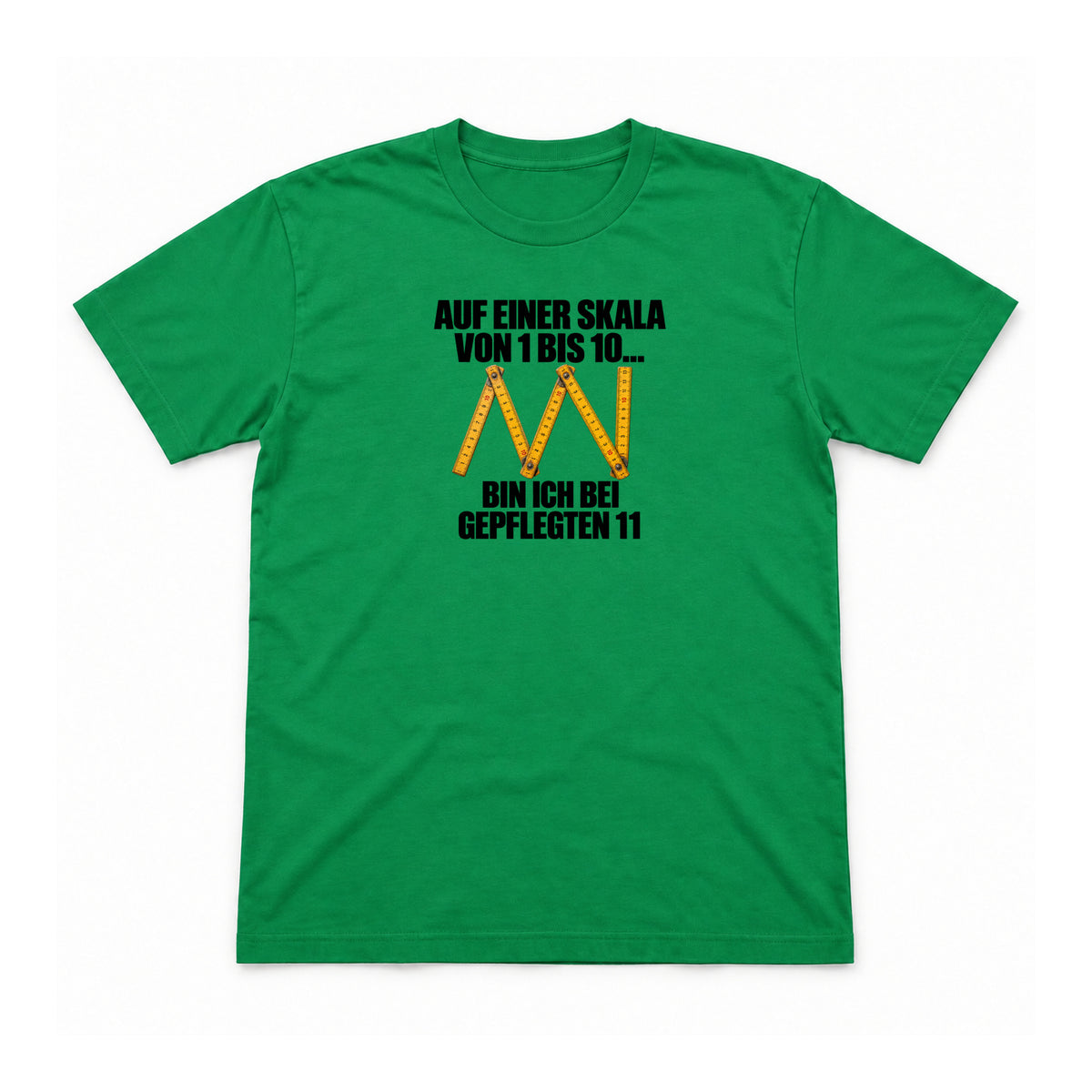Gepflegte Elf – Unisex T-Shirt – Irish Green – Flat-Lay Vorderseite (Mockup)