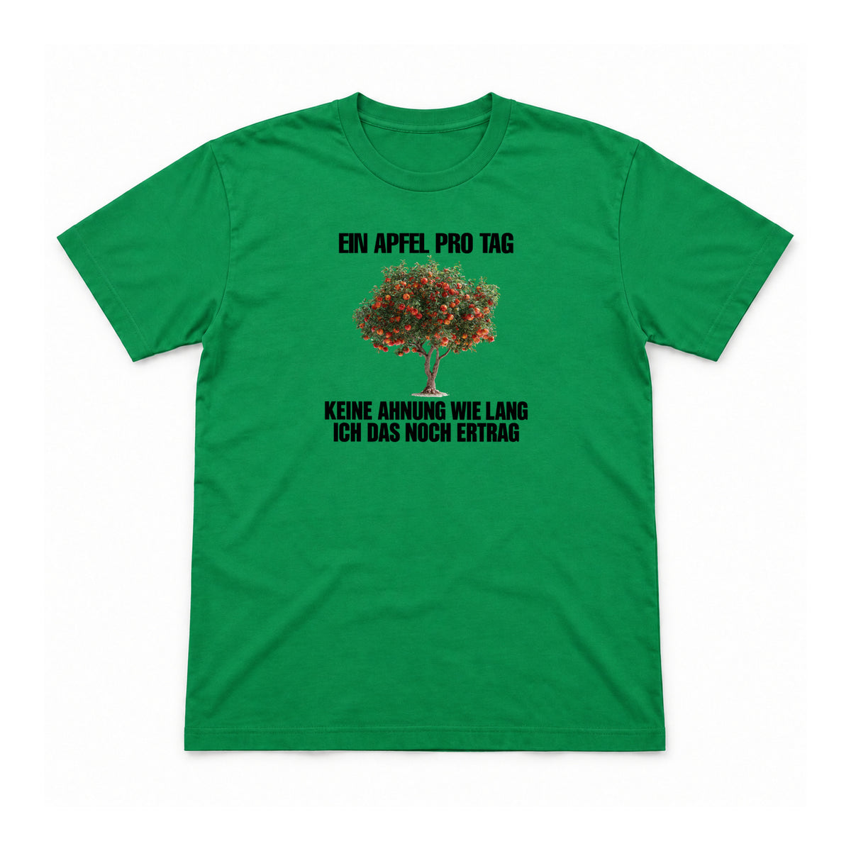 Ein Apfel pro Tag – keine Ahnung wie lang – Unisex T-Shirt – Irish Green – Flat-Lay Vorderseite (Mockup)