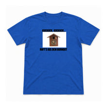 Kuckuck aus dem Burnout – Unisex T-Shirt – Royal – Flat-Lay Vorderseite (Mockup)