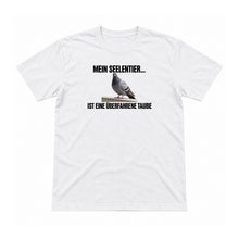 Mein Seelentier ist eine Taube – Unisex T-Shirt – Weiß – Flat-Lay Vorderseite (Mockup)