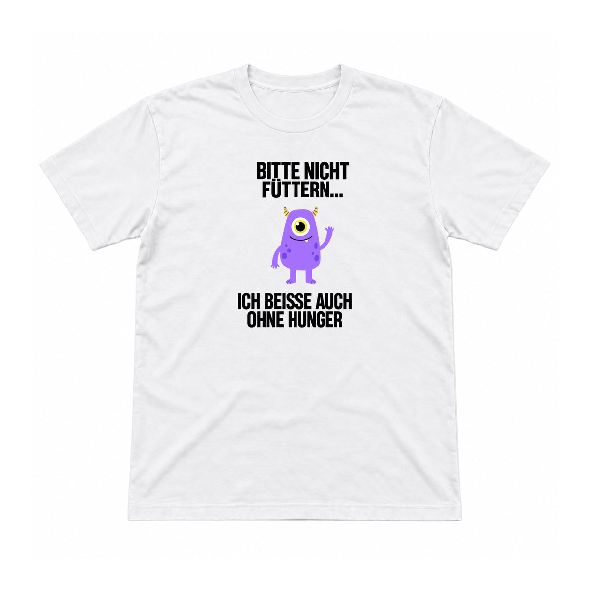 Bitte nicht füttern – ich beiße – Unisex T-Shirt – Weiß – Flat-Lay Vorderseite (Mockup)