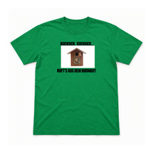 Kuckuck aus dem Burnout – Unisex T-Shirt – Irish Green – Flat-Lay Vorderseite (Mockup)