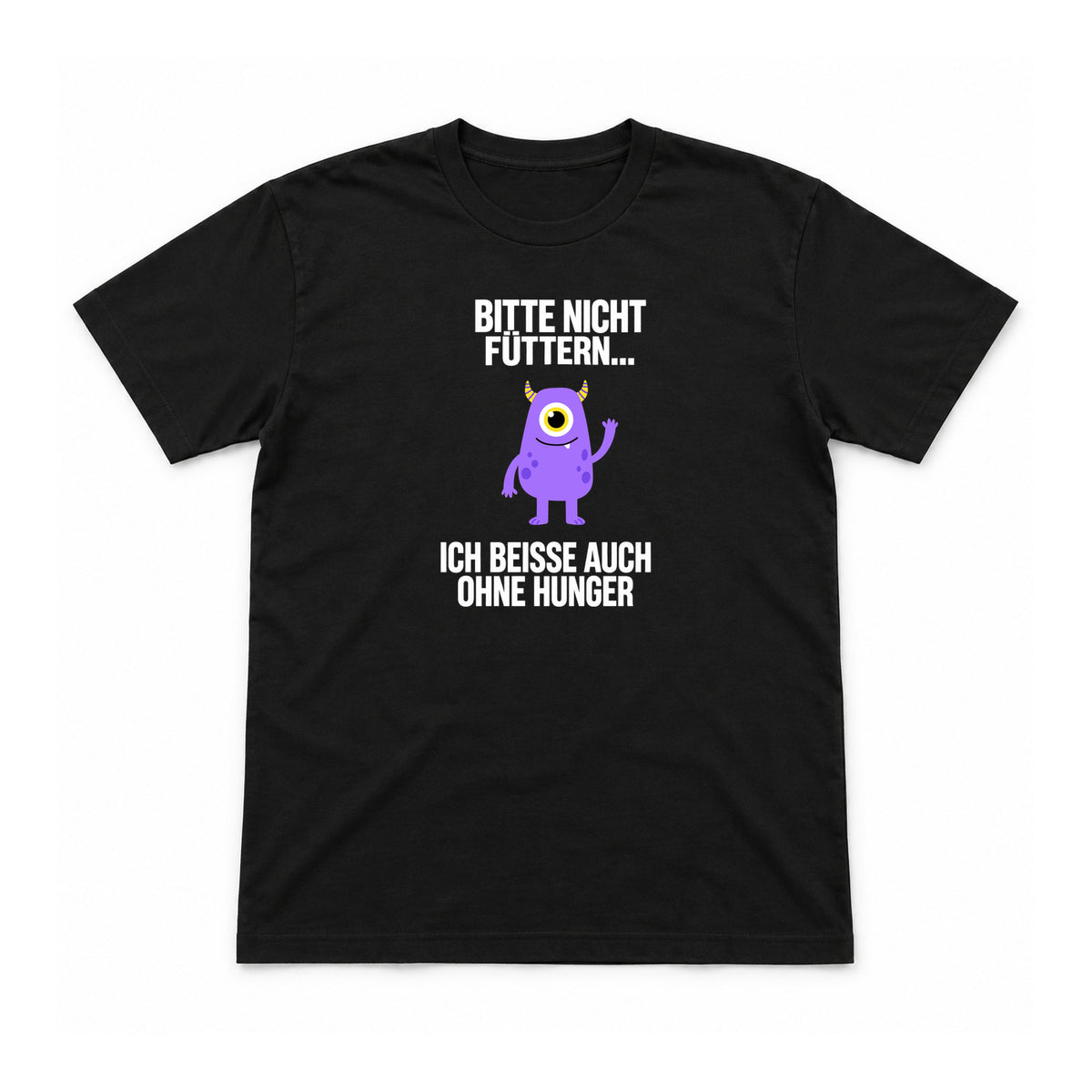 Bitte nicht füttern – ich beiße – Unisex T-Shirt – Schwarz – Flat-Lay Vorderseite (Mockup)