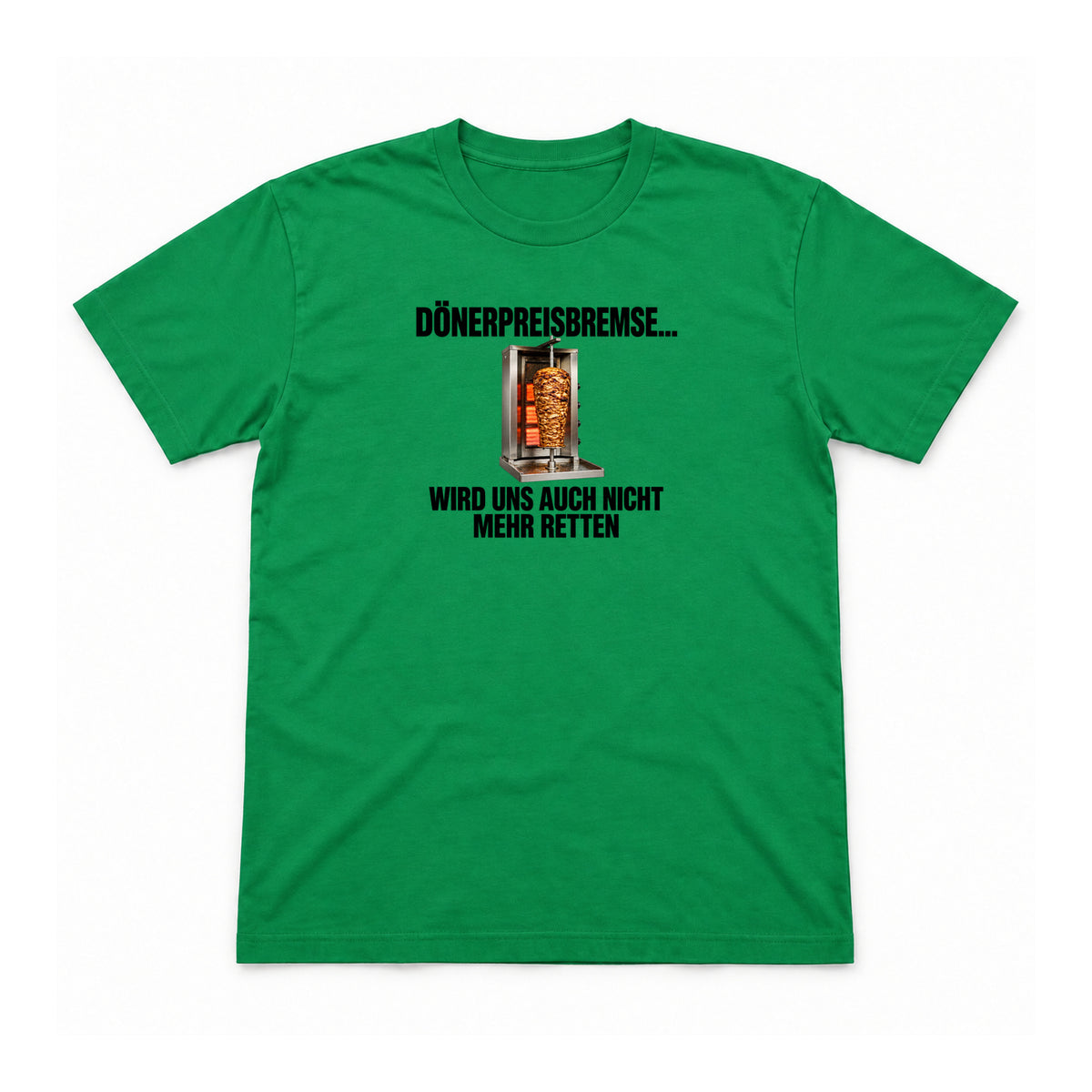 Dönerpreisbremse – Unisex T-Shirt – Irish Green – Flat-Lay Vorderseite (Mockup)