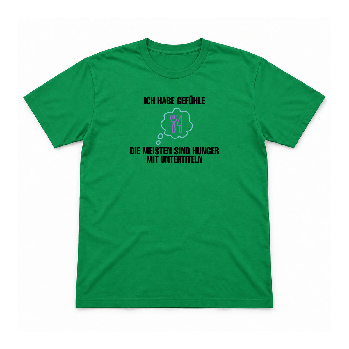 Gefühle mit Untertiteln – Unisex T-Shirt – Irish Green – Flat-Lay Vorderseite (Mockup)
