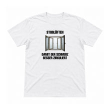 Stoßlüften – damit der Schmerz zirkuliert – Unisex T-Shirt – Weiß – Flat-Lay Vorderseite (Mockup)