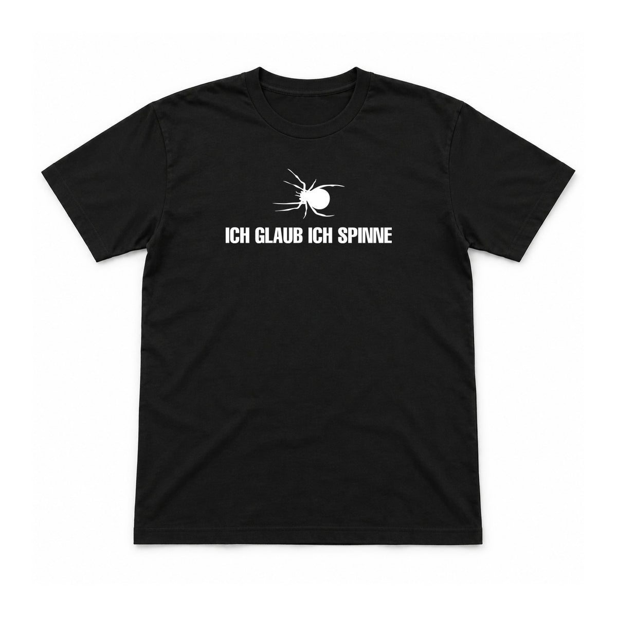 Ich glaub ich spinne – Unisex T-Shirt – Black – Flat-Lay Vorderseite (Mockup)