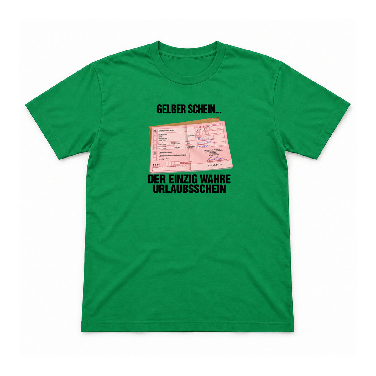Gelber Schein – Unisex T-Shirt – Irish Green – Flat-Lay Vorderseite (Mockup)