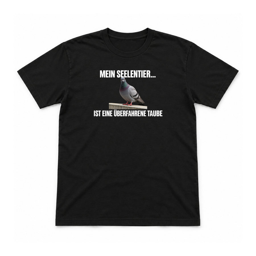 Mein Seelentier ist eine Taube – Unisex T-Shirt – Schwarz – Flat-Lay Vorderseite (Mockup)