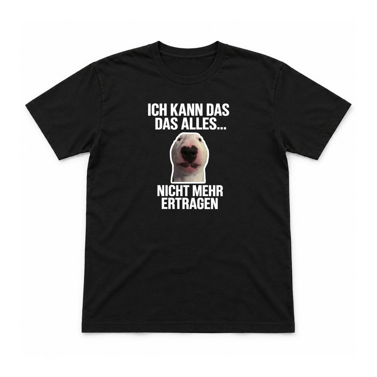 Ich kann das alles nicht mehr ertragen – Unisex T-Shirt – Schwarz – Flat-Lay Vorderseite (Mockup)
