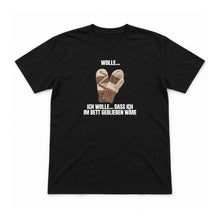 Ich wolle im Bett bleiben – Unisex T-Shirt – Schwarz – Flat-Lay Vorderseite (Mockup)