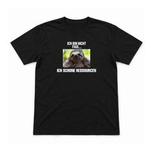 Ich schone Ressourcen – Unisex T-Shirt – Black – Flat-Lay Vorderseite (Mockup)
