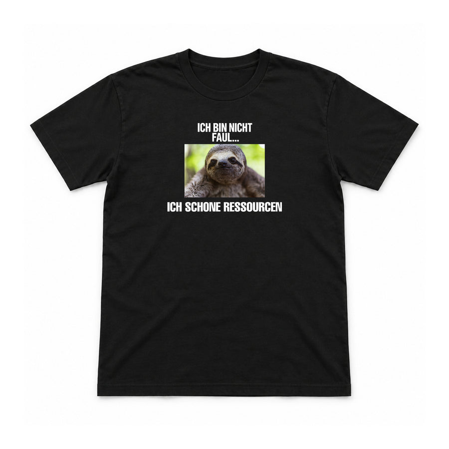 Ich schone Ressourcen – Unisex T-Shirt – Black – Flat-Lay Vorderseite (Mockup)