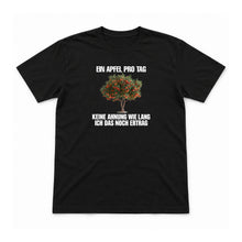 Ein Apfel pro Tag – keine Ahnung wie lang – Unisex T-Shirt – Schwarz – Flat-Lay Vorderseite (Mockup)