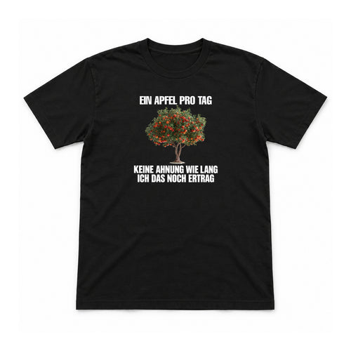 Ein Apfel pro Tag – keine Ahnung wie lang – Unisex T-Shirt – Schwarz – Flat-Lay Vorderseite (Mockup)