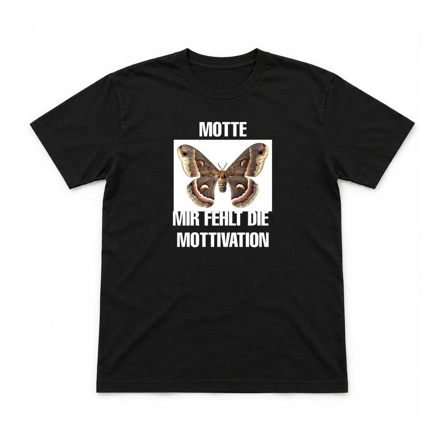 Mir fehlt die Mottivation – Unisex T-Shirt – Schwarz – Flat-Lay Vorderseite (Mockup)