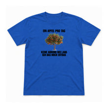 Ein Apfel pro Tag – keine Ahnung wie lang – Unisex T-Shirt – Royalblau – Flat-Lay Vorderseite (Mockup)