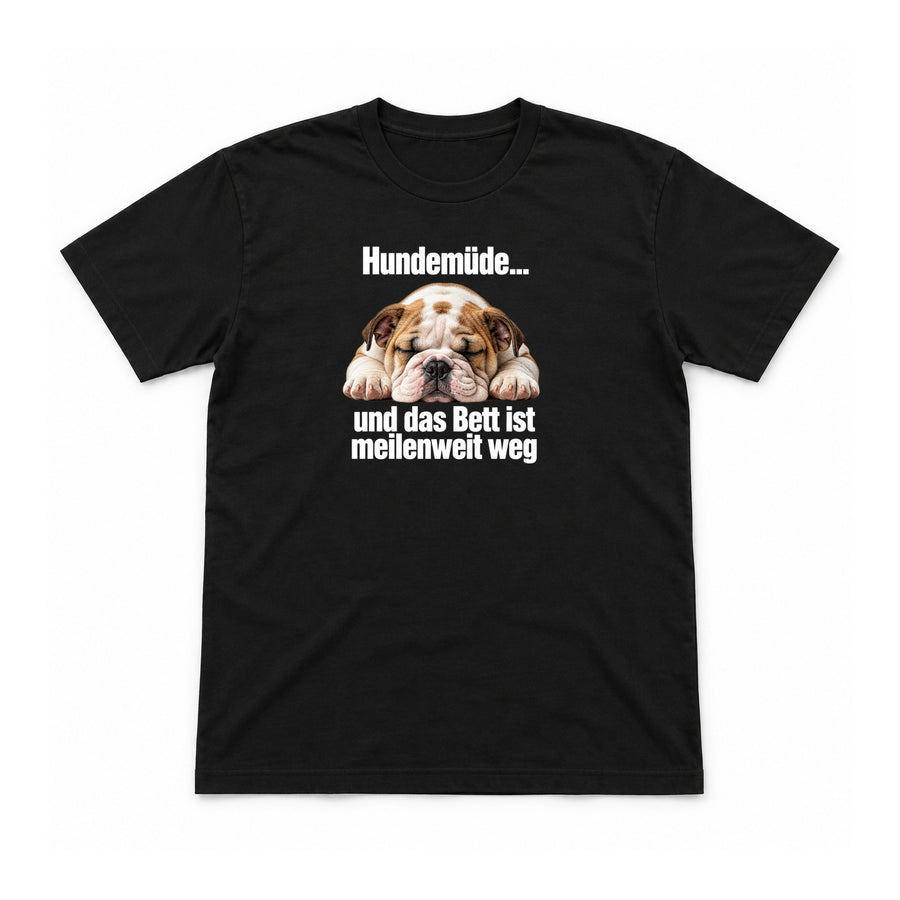 Hundemüde – Unisex T-Shirt – Schwarz – Flat-Lay Vorderseite (Mockup)