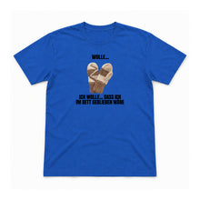 Ich wolle im Bett bleiben – Unisex T-Shirt – Royalblau – Flat-Lay Vorderseite (Mockup)
