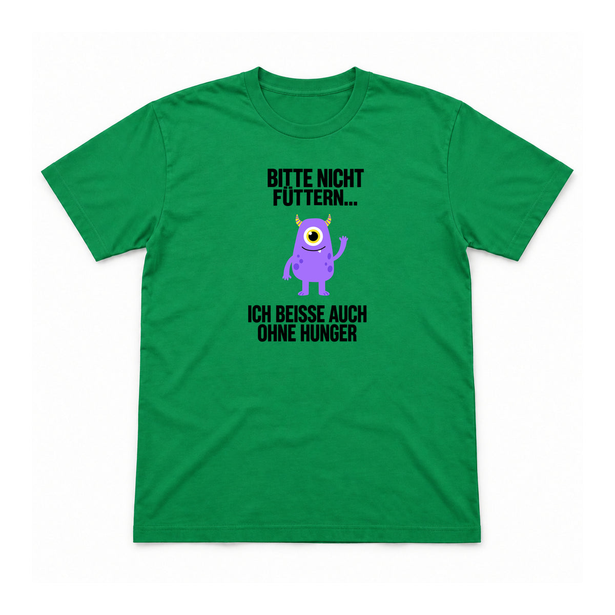 Bitte nicht füttern – ich beiße – Unisex T-Shirt – Irish Green – Flat-Lay Vorderseite (Mockup)